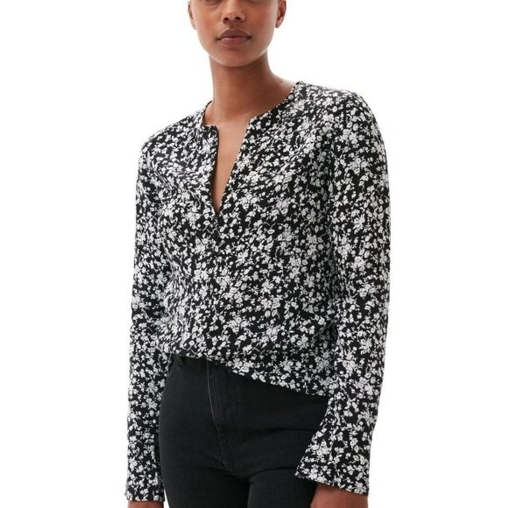 GANNI Printed Crepe O-neck Blouse Floral-print Black White Size 34 US 2 XS